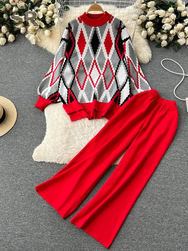 Plaid Casual Two Piece Knitted Sets