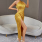 Gold Maxi Dress Sleeveless Draped Evening Birthday Party Satin Dresses